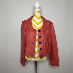 Wilsons Leather Y2K Button Down Coral Orange Leather Waist Jacket Size XLarge